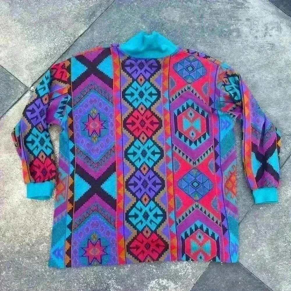 Vintage 90s Graff XL Mock Neck Quarter Sleeve Aztec/Tribal Print Multicolor - Picture 2 of 8